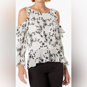 JOIE Carlyton Floral-Eyelet Cold-Shoulder Silk Top- Size Small